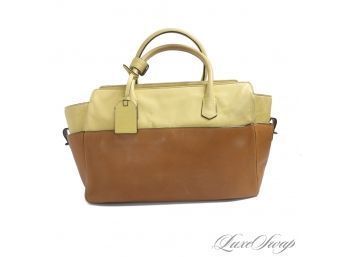 #4 CELINE VIBES : REED KRAKOFF DOUBLE TONE CITRUS YELLOW AND LUGGAGE TAN NAPPA LEATHER LARGE TOTE BAG