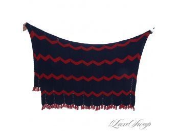 EXPERTLY HAND KNITTED AND NEAR MINT LARGE WOOL BLANKET IN NAVY AND RED CHEVRON STRIPE