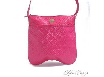 #2 SUMMER FUN! TOMMY HILFIGER BRIGHT HOT PINK PATENT LEATHER EMBOSSED TH LOGO FLAT CROSSBODY BAG