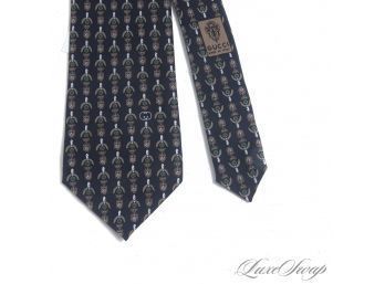 #8 AUTHENTIC VINTAGE GUCCI MADE IN ITALY MENS SILK TIE IN NAVY BASE WITH HORSEBIT GEOMETRIC MOTIF