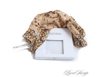 BRAND NEW IN BOX VALENTINO MADE IN ITALY 16.5' BROWN WATERCOLOR FLORAL CONCENTRIC BORDER SCARF