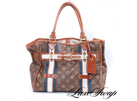 A RARE AND AUTHENTIC LOUIS VUITTON BROWN MONOGRAM CANVAS LARGE TOTE BAG  WITH BLUE STRIPES #17819