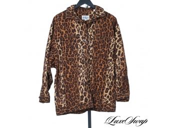 A RARE AND INCREDIBLE VINTAGE 1990S PERRY ELLIS WOMENS LEOPARD PRINT DENIM JACKET