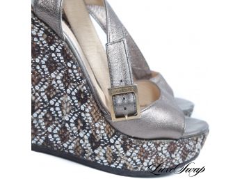 KILLER! AUTHENTIC JIMMY CHOO PEWTER LEATHER AND SPARKLE GLITTER SNAKESKIN PRINT WEDGE SHOES