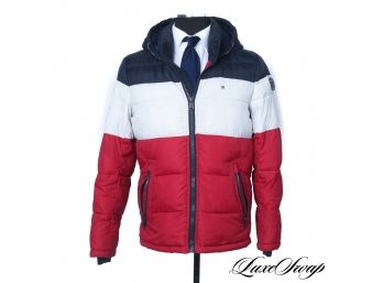 AUTHENTIC TOMMY HILFIGER MENS RED WHITE AND BLUE PUFFER PARKA COAT