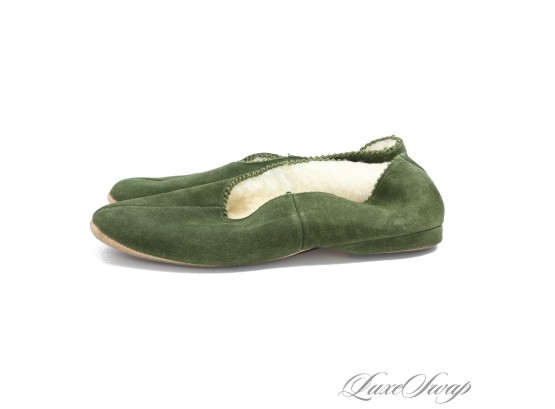NEAR MINT VINTAGE MORIANDS MADE IN ENGLAND GENUINE SHEEPSKIN GREEN SUEDE SHEARLING SHOES 7