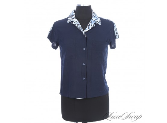 THIS IS A WHOLE VIBE! SURFACE TO AIR WOMENS NAVY BLUE SILKY BOXY CAMP SHIRT WITH LEOPARD PRINT TRIM 34