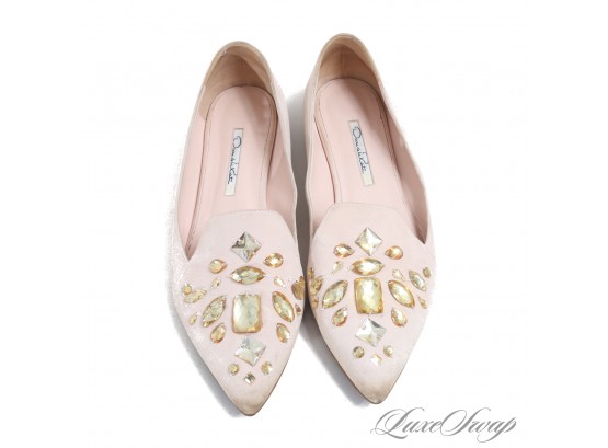$500 TOP TIER OSCAR DE LA RENTA MADE IN ITALY PALE PINK SUEDE CRYSTAL EMBELLISHED POINT TOE FLAT LOAFERS 40