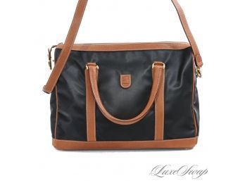 NEAR MINT AND LIKELY UNUSED ANONYMOUS BUT QUALITY BLACK MICROFIBER AND BROWN LEATHER TRIM X-LARGE BAG W/STRAP