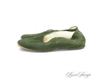 NEAR MINT VINTAGE MORIANDS MADE IN ENGLAND GENUINE SHEEPSKIN GREEN SUEDE SHEARLING SHOES 7