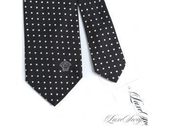 NEAR MINT, MODERN AND PERFECT VERSACE MADE IN ITALY MENS BLACK HOBNAIL SILK TIE WITH CHURCHILL POIS SPOTS