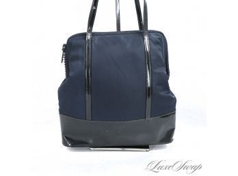 Y2K GOODNESS! AUTHENTIC PRADA MADE IN ITALY NAVY MICROFIBER AND PATENT LEATHER TRIM FULL ZIPAROUND BAG