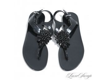 SUMMER PERFECT! COACH BLACK PATENT LEATHER EFFECT RUBBER THONG SANDALS WITH FIREWORK DETAIL 9 B
