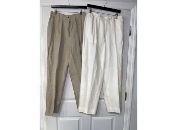 LOT OF 2 WOMENS SAKS FIFTH AVE PURE LINEN PANTS- 1 BRAND NEW WITH TAGS SIZE L/14 MOCHA AND WHITE