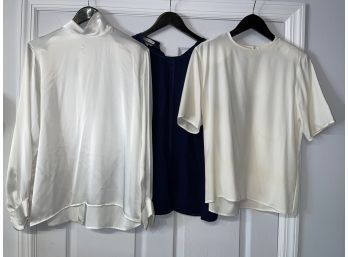 ESSENTIAL LUXURY!! WOMENS LOT OF 3 BLOUSES- 1 SILK SIZE 14 NAVY & 2 AQUASCUTUM MADE IN FRANCE WHITE SIZE 38