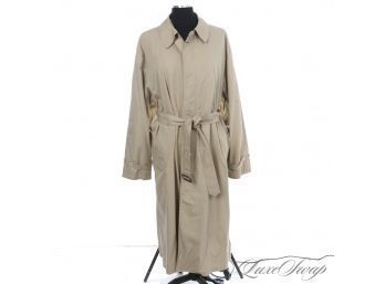THE GOOD STUFF, MADE IN USA! WOMENS LL BEAN KHAKI UNLINED UNSTRUCTURED MICROFIBER BELTED RAIN TRENCH COAT L