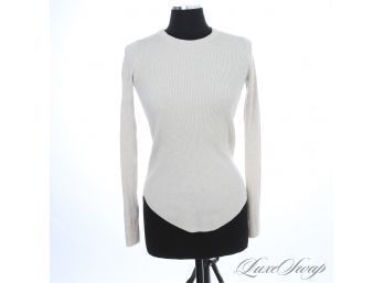 THEY ARE KNOWN FOR THEIR KNITS! IRO 'SERENA' PURE WOOL PALE FAWN OATMEAL RIBBED SCALLOPED HEM SWEATER S