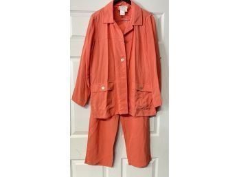 THIS COLOR IS UNBEATABLE!! LIKE NEW NORM THOMPSON BRIGHT CORAL TOMATO DRAPED TENCEL 2PC PANTS SUIT SIZE L