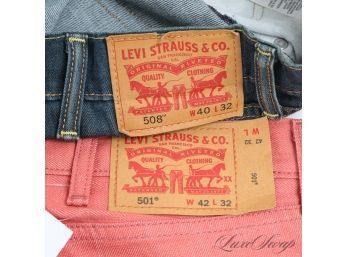 LOT OF 2 MENS LEVIS LEVI STRAUSS JEANS, ONE IN CLASSIC DENIM 508 MODEL (40) AND IN BRICK RED RIGID 501 (42)