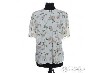 LOVELY AND NEAR MINT AKRIS 100 PERCENT SILK WHITE SHORT SLEEVE SHIRT WITH ALLOVER FLORAL PRINT 14