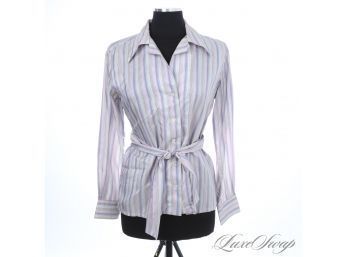 OH WOW! VINTAGE CHRISTIAN DIOR 100 PERCENT PURE SILK PURPLE/BLUE MULTI STRIPE BELTED SHIRT HOLY COWW 14