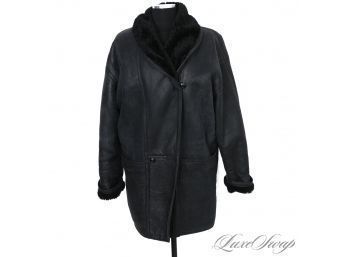 VINTAGE PATMOS MADE IN ARGENTINA BLACK LEATHER FULL SHEARLING FUR LINED SHAWL COLLAR COAT