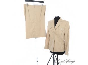 BRAND NEW WITH TAGS $2980 AKRIS 2 PIECE SKIRT SUIT IN SOLID KHAKI 4 POCKET JACKET AND SKIRT 14 WOWWWW