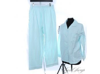 BRAND NEW WITH TAGS NATIONAL 2 PIECE WOMENS PAJAMAS IN WHITE AND TIFFANY BLUE AWNING STRIPE FLANNEL L