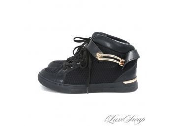 NEAR MINT AND WITH ORIGINAL BOX ALDO 'STORO' BLACK BUBBLED MICROFIBER GOLD DETAIL SIDE ZIP SNEAKERS 10 WOMENS