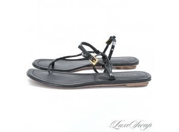 THE STAR OF THE SHOW! WITH ORIGINAL BOX PRADA MADE IN ITALY BLACK PATENT LEATHER FLAT THONG SANDALS 36.5