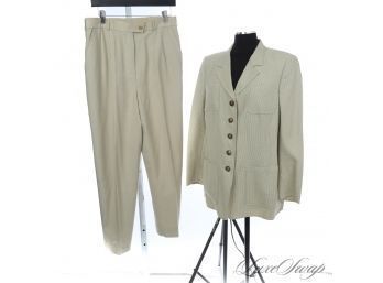 $2000 AKRIS 2 PIECE PANT SUIT IN SAGE GREEN GINGHAM CHECK AND SOLID SAGE GREEN ELASTIC WAIST PANTS 14