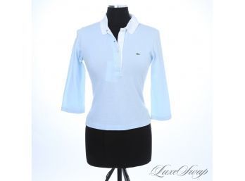 MODERN AND FANTASTIC CONDITION LACOSTE FRANCE WOMENS BABY BLUE PIQUE CONTRAST COLLAR POLO SHIRT 40