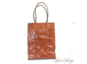 PERFECT FOR VINTAGE DAYS! VINTAGE ANONYMOUS CARAMEL BROWN LEATHERETTE TALL VERTICAL MAGAZINE TOTE BAG