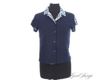 THIS IS A WHOLE VIBE! SURFACE TO AIR WOMENS NAVY BLUE SILKY BOXY CAMP SHIRT WITH LEOPARD PRINT TRIM 34