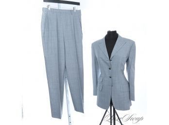 WOW. NEAR MINT $4000 LANVIN PARIS MADE IN ITALY GREYED BLUE LIGHTWEIGHT WOMENS SUIT IN SUBTLE PLAID 44