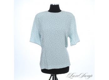 WHAT A COLOR! AKRIS MADE IN SWITZERLAND 100 PERCENT PURE SILK SKY BLUE POLKA DOT SHORT SLEEVE SHIRT 12