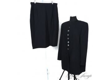 WITH ORIGINAL TAGS! $2990 AKRIS SOLID BLACK 2 PIECE SKIRT SUIT WITH INCREDIBLE MOTHER OF PEARL BUTTONS 14