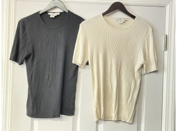 LOT OF 2 BRAND NEW WITHOUT TAGS SAKS FIFTH AVE PURE SILK BLACK/IVORY RIBBED TEE SHIRT TOPS SIZE L