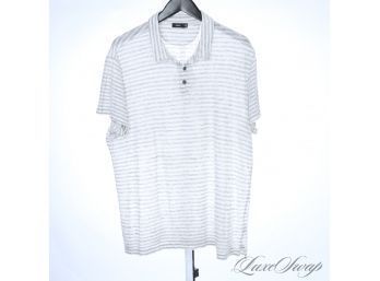 NEAR MINT AND VERY RECENT MENS VINCE SLUBBY DRAPED LINEN WHITE AND GREY STRIPED POLO SHIRT XXL