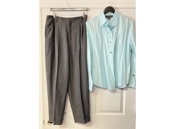 ESSENTIAL LUXURY!! WOMENS LOT OF AN AQUAMARINE SHIRT AND PURE WOOL GREY PANTS FROM ELLEN TRACY SIZE 12/14