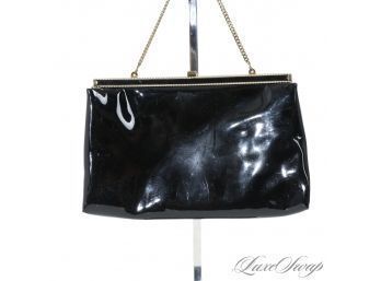 PHENOMENAL CONDITION VINTAGE 1960S HL MADE IN USA BLACK PATENT LEATHER GOLD TOPFRAME CLUTCH BAG W/CHAIN