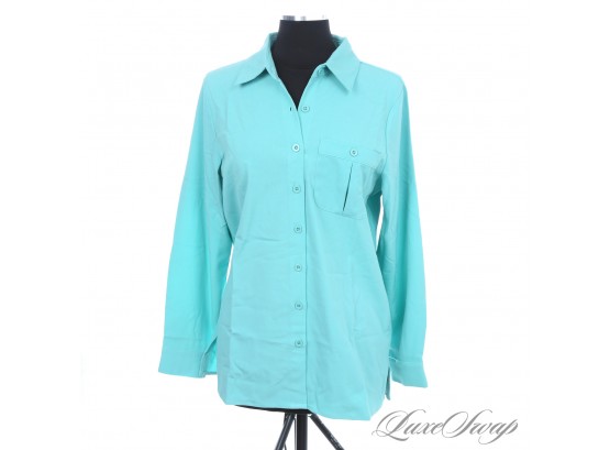 BRAND NEW WITH TAGS NORM THOMPSON TIFFANY BLUE STRETCH MICROFIBER WOMENS BUTTON DOWN SHIRT L