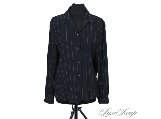 EXPENSIVE GIORGIO ARMANI MADE IN ITALY COLLEZIONI BLACK CRIMPED SHEER WOOL BLEND BLUE PINSTRIPE SHIRT 16
