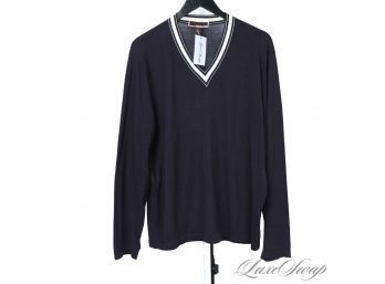 PREPPY LUXE : MENS MICHAEL KORS DARK NAVY BLUE V-NECK SWEATER WITH PIPED TRIM L
