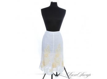 HARD TO FIND SIZE LAFAYETTE 148 IVORY WHITE LOOSE WEAVE LINEN PARTY SKIRT WITH LEMON FLORAL EMBROIDERY 18