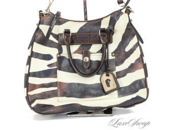 LARGE AND NEAR MINT MODERN DOONEY & BOURKE BROWN AND CREAM ZEBRA PRINT LEATHER LARGE 14' BAG W/STRAP