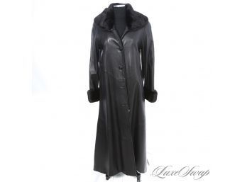 THIS IS EXCEPTIONAL! NEAR MINT ANONYMOUS WOMENS BLACK LEATHER FLOOR LENGTH COAT W/GENUINE MINK FUR TRIM