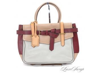 SHES A BADDIE! VERY COOL REED KRAKOFF TRIPLE TONE CREAM TAN AND MERLOT LUGGAGE TOTE LARGE 14' BAG