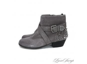 NEAR MINT IN BOX POSSIBLY UNWORN VINCE CAMUTO 'MARCIN' WOLF GREY RUGGED CALF STUDDED MOTO BOOTS 8.5