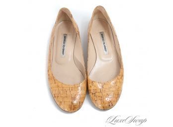 WITH ORIGINAL BOX! MANOLO BLAHNIK MADE IN ITALY 'TERE' GLAZED LACQUERED CORK BALLET FLAT SHOES 37.5 / 7.5